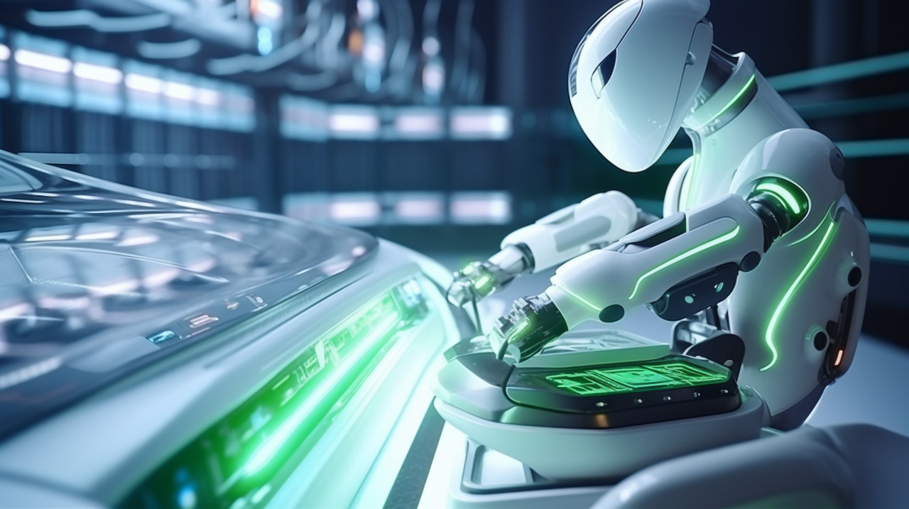 Robotic arm installs battery pack in electric vehicle, industrial machinery stock images ai, midjourney prompt ideas