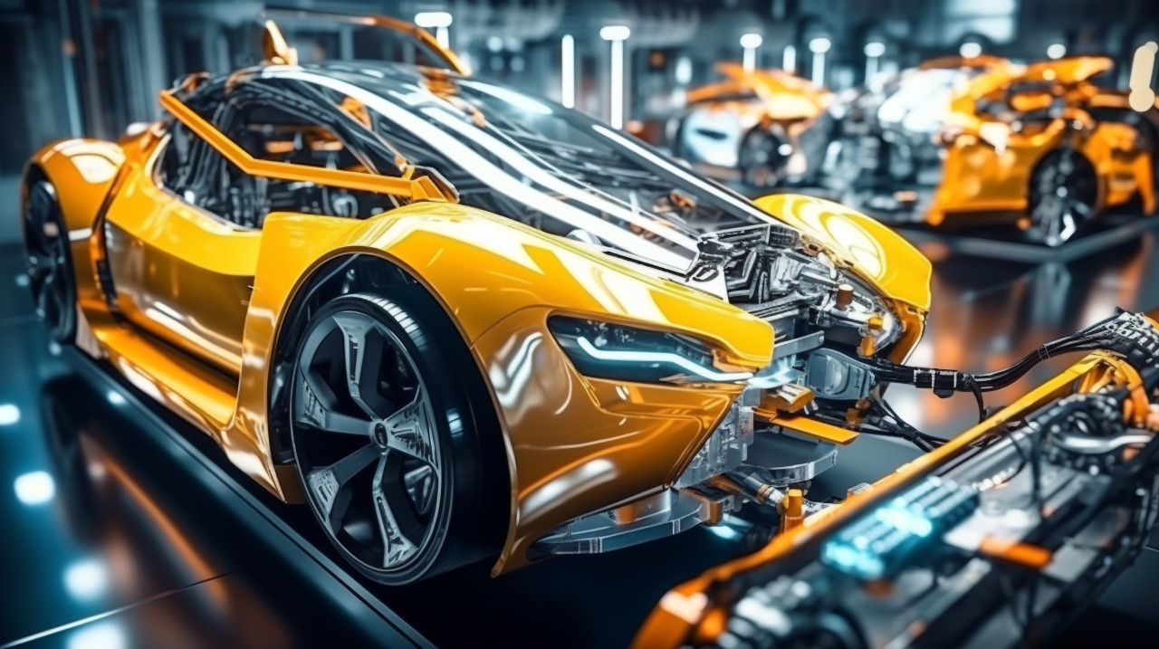 Automated battery pack installation in electric car, industrial machinery stock images ai, midjourney prompt ideas