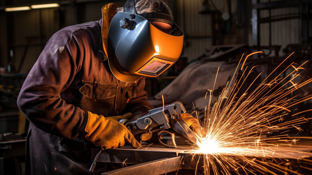 The image should convey the power and precision of the robot arm the welding should be bright and sharp and the metal should be shiny, industrial machinery stock images ai, midjourney prompt ideas