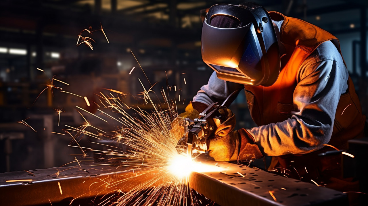 Powerful robot arm welds metal, industrial machinery stock images ai, midjourney prompt ideas