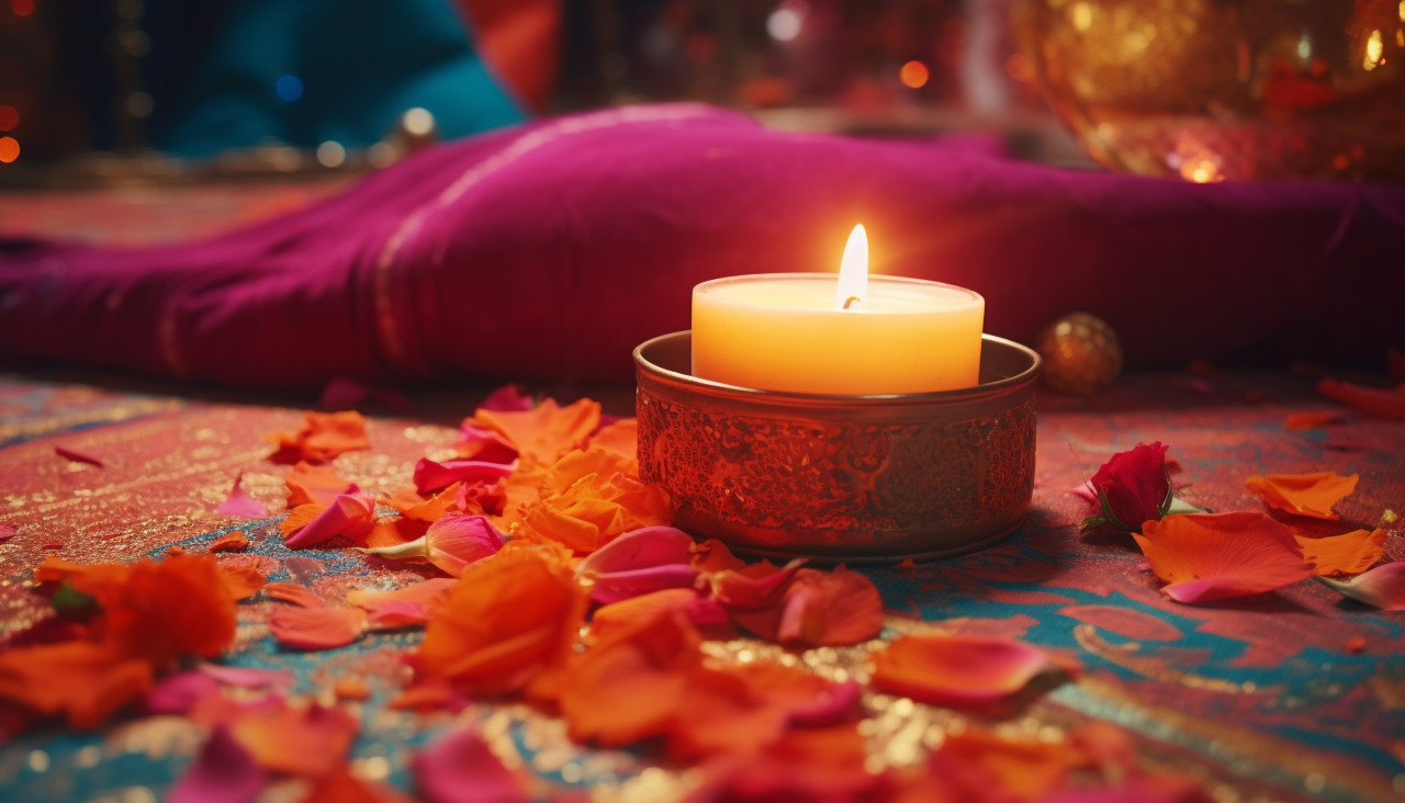 A lit candle on the ground with colorful decor, diwali festival stock image, diwali festival ai prompt