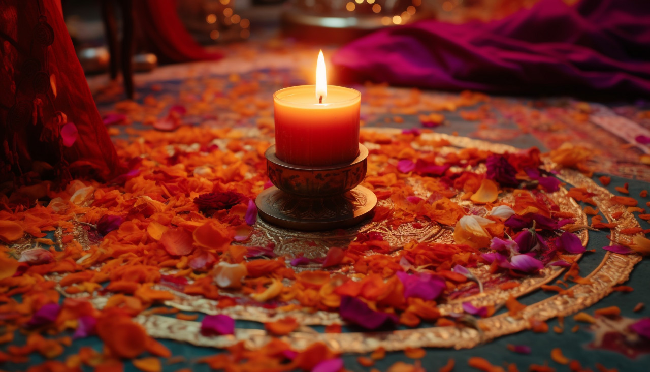 Lit candle with colorful decorations, diwali festival stock image, diwali festival ai prompt