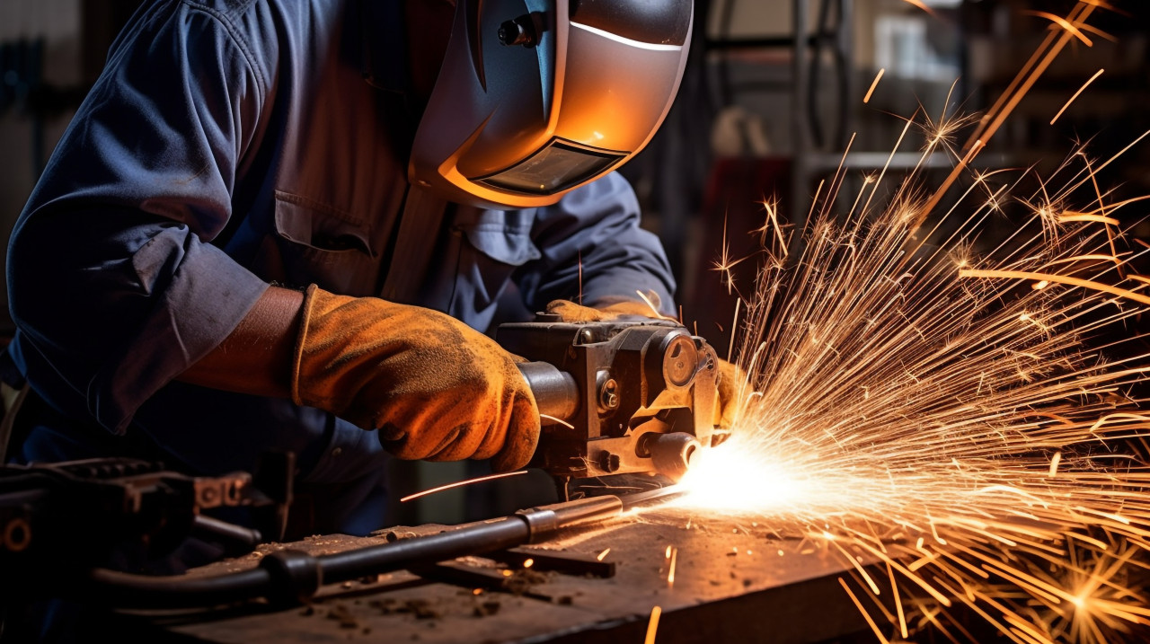 Bright and sharp welding sparks from robot arm, industrial machinery stock images ai, midjourney prompt ideas