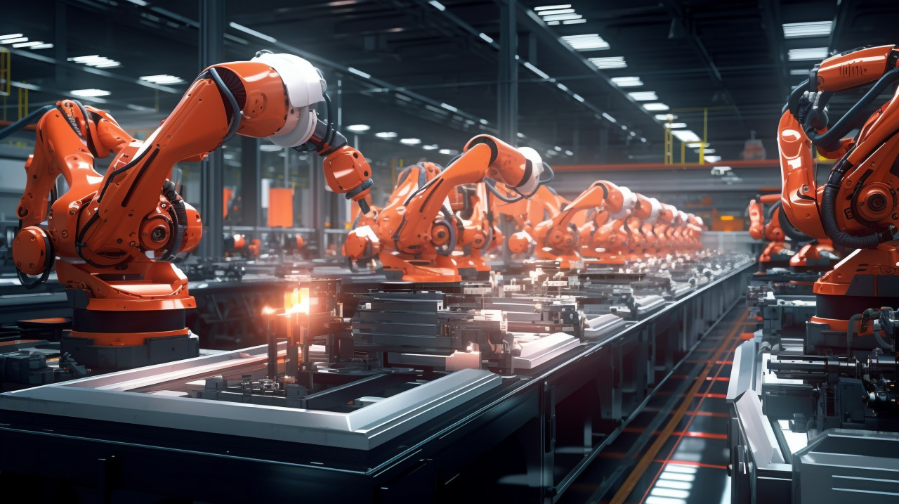 The image should convey the scale and efficiency of the production line the robot arms should be working in unison and the production line should be humming with activity, industrial machinery stock images ai, midjourney prompt ideas