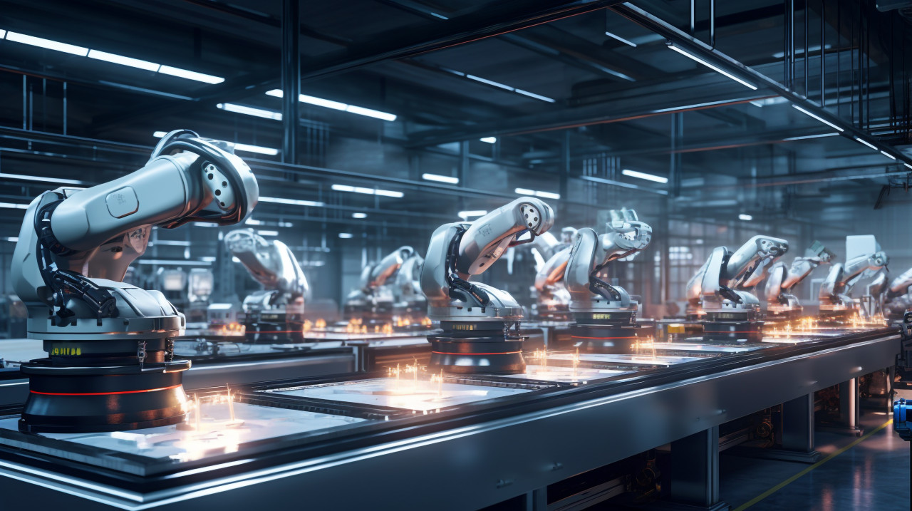 Robotic arms work in unison on production line, industrial machinery stock images ai, midjourney prompt ideas