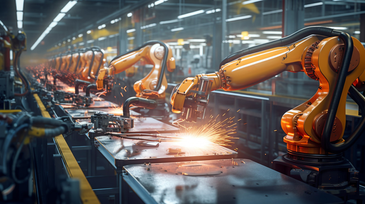 Robotic arms convey the efficiency of modern production, industrial machinery stock images ai, midjourney prompt ideas