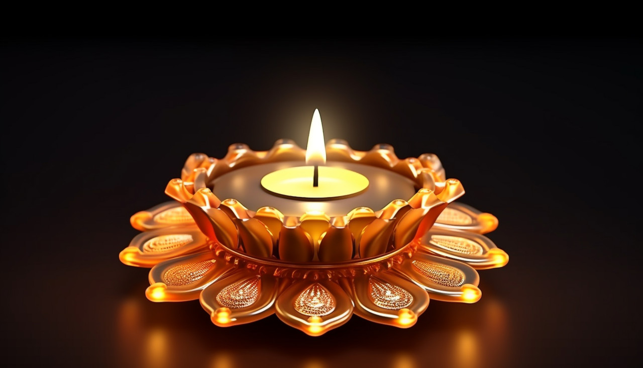 Golden diya lamp with burning flame, diwali festival stock image, diwali festival ai prompt
