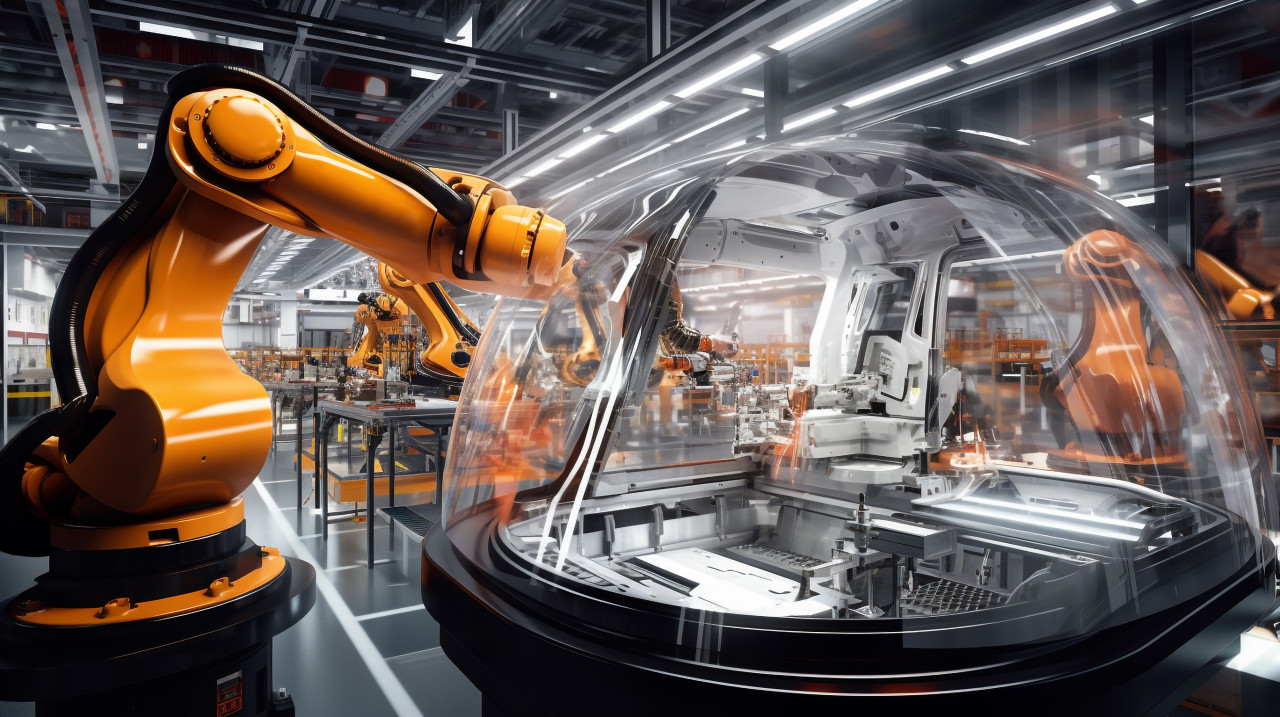The image should convey the feeling of being inside a robot arm the robot arm should be massive and imposing and the production line should be a blur of activity, industrial machinery stock images ai, midjourney prompt ideas
