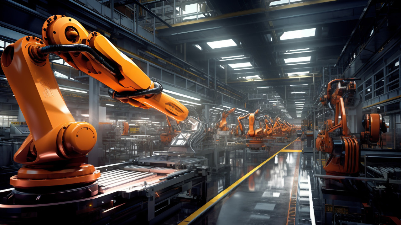 Robot arm blurs production line, industrial machinery stock images ai, midjourney prompt ideas