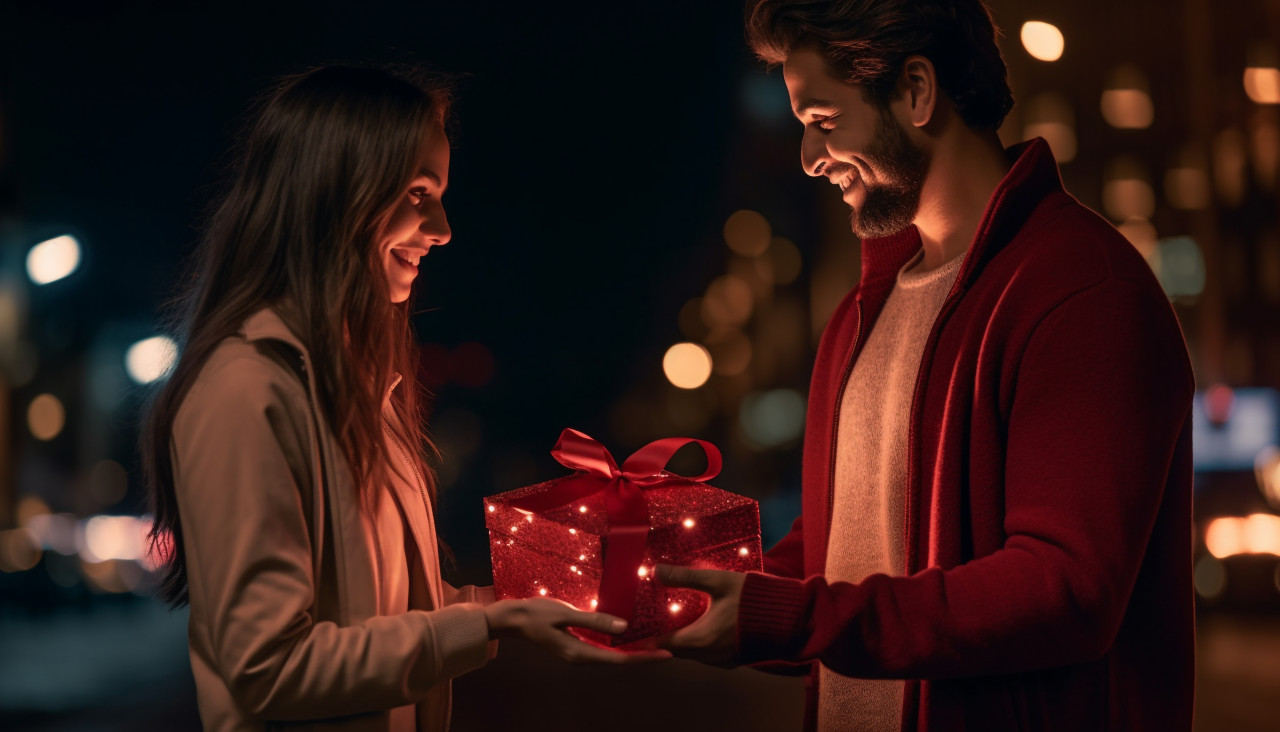 Couple holding gift box at night, diwali festival stock image, diwali festival ai prompt