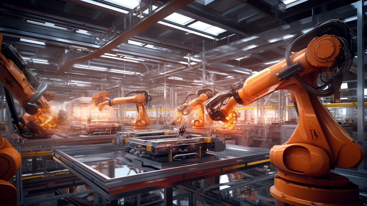 Robotic arm dominates production line, industrial machinery stock images ai, midjourney prompt ideas