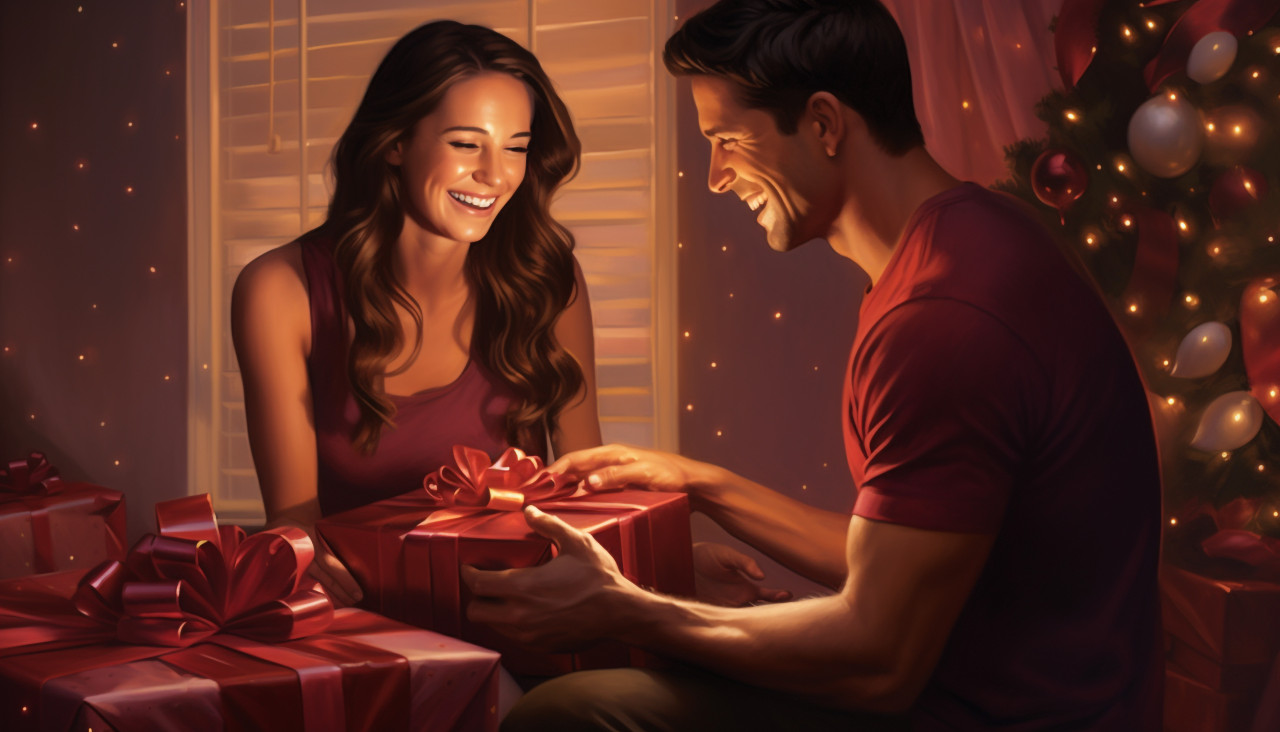 Couples with gifts looking at the presents and smiling, diwali festival stock image, diwali festival ai prompt