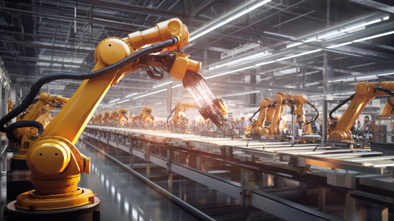 Robot arm takes control of production line, industrial machinery stock images ai, midjourney prompt ideas