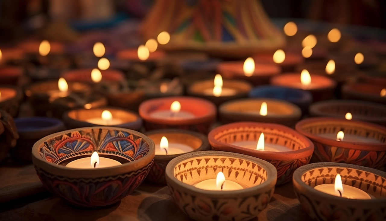 Candles were lit inside trays of clay dishes in india, diwali festival stock image, diwali festival ai prompt