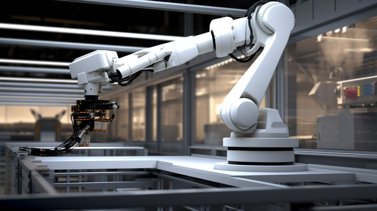 Should convey the precision and efficiency of the robot arm the robot arm should be picking up the product with ease and the product, industrial machinery stock images ai, midjourney prompt ideas