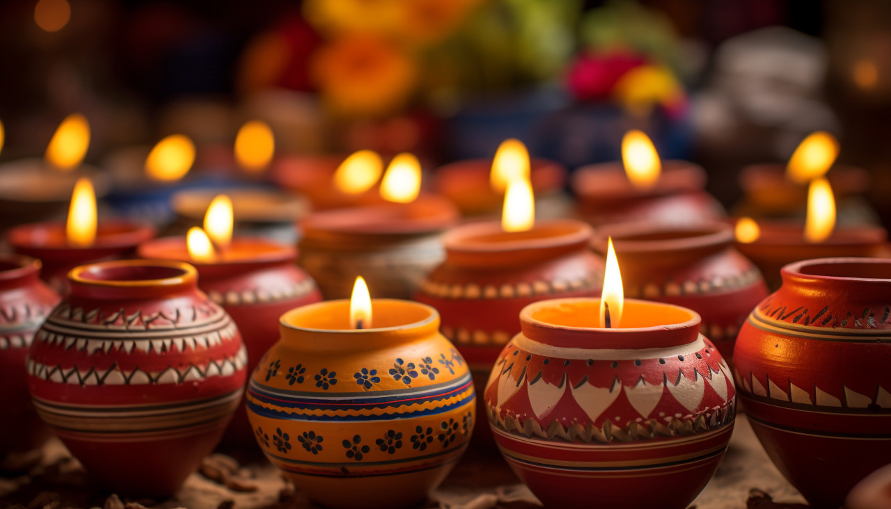 Candles lit in clay pots with images, diwali festival stock image, diwali festival ai prompt
