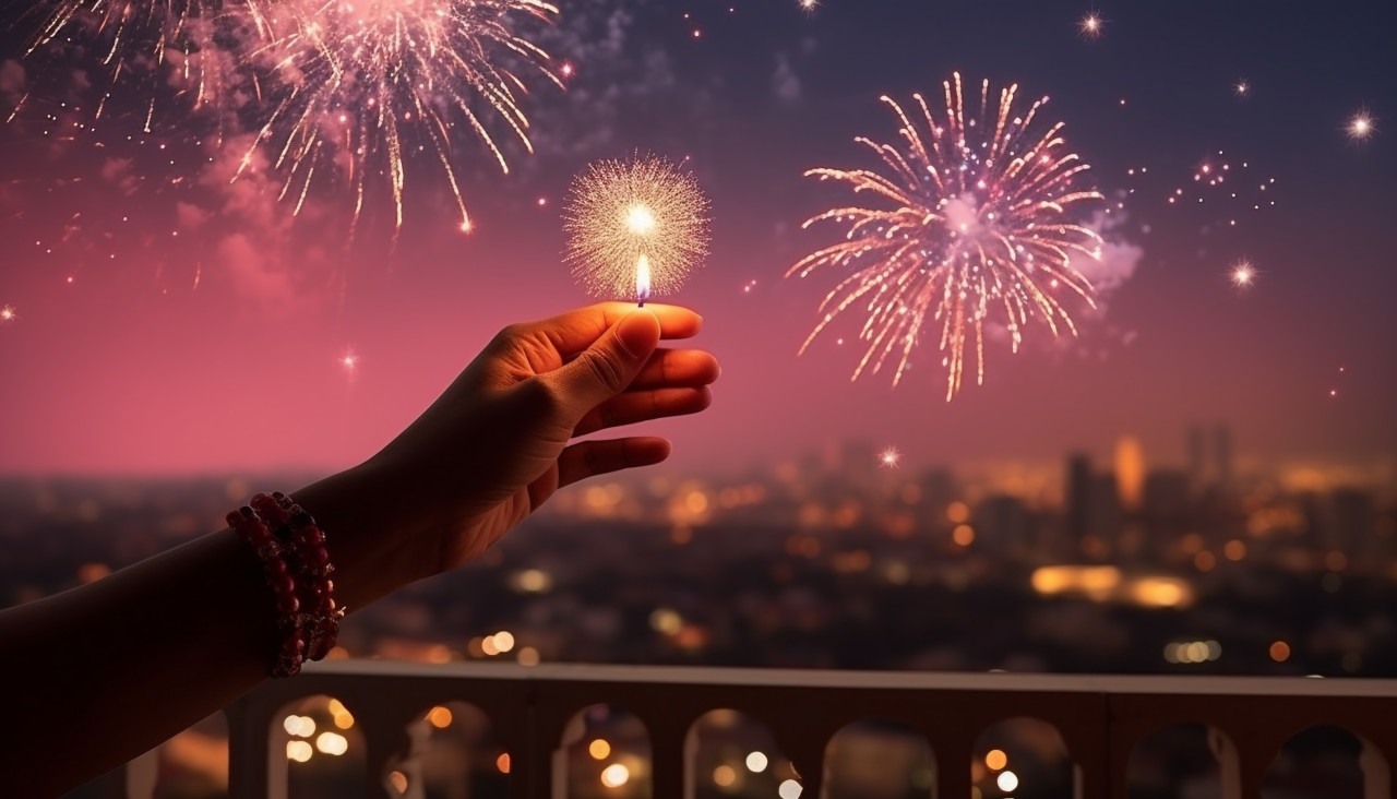Indian woman lighting diwali lamp with fireworks in her hand, diwali festival stock image, diwali festival ai prompt