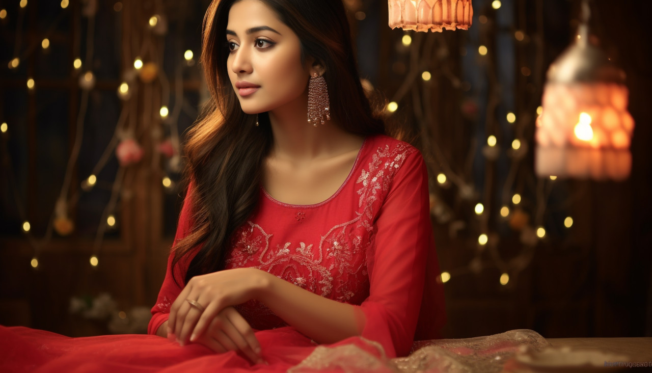 A young woman wearing a traditional red top, diwali festival stock image, diwali festival ai prompt