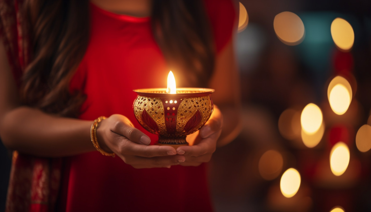 On diwali a new women is holding a big lamp, diwali festival stock image, diwali festival ai prompt