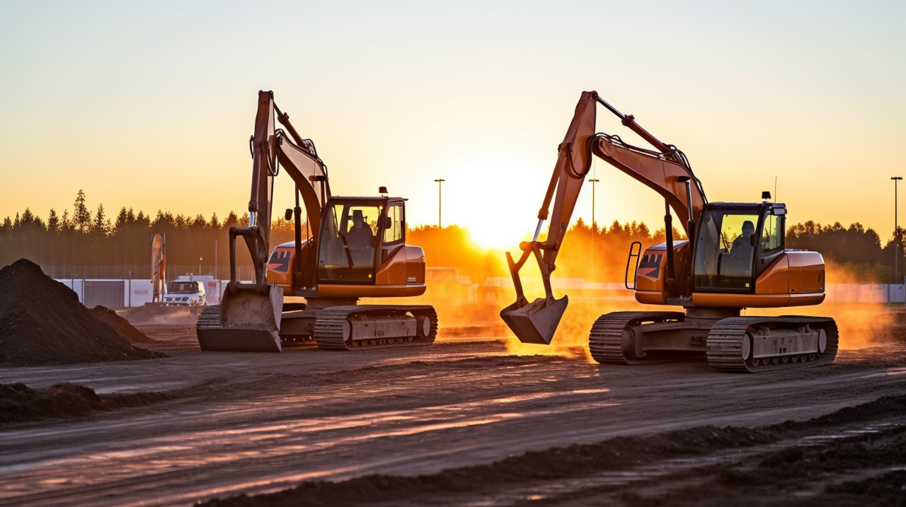 Tractors and excavators at a construction site, industrial machinery stock images ai, midjourney prompt ideas