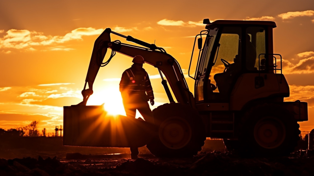 Construction worker silhouetted against the setting sun, industrial machinery stock images ai, midjourney prompt ideas