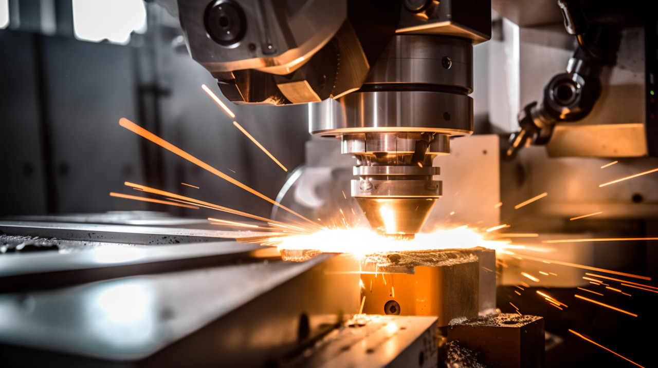 Cnc turning machine cutting metal workpiece, industrial machinery stock images ai, midjourney prompt ideas