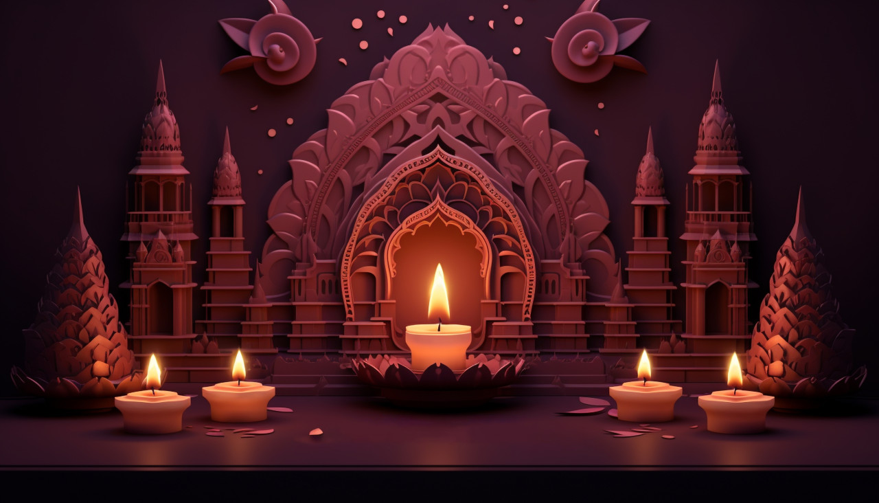 Three lit diya flames on a dark background, diwali festival stock image, diwali festival ai prompt
