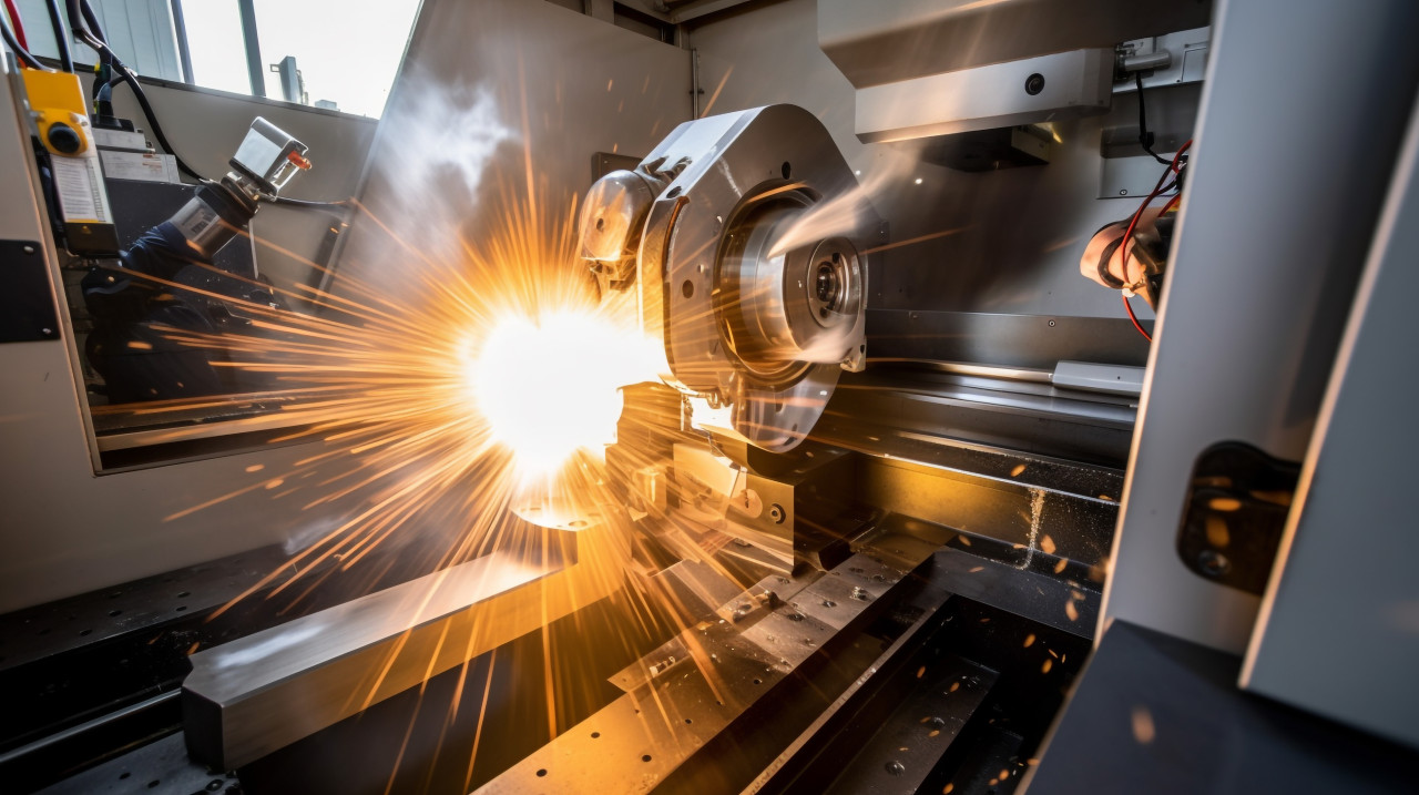 Cnc turning tool exerts force on metal, industrial machinery stock images ai, midjourney prompt ideas