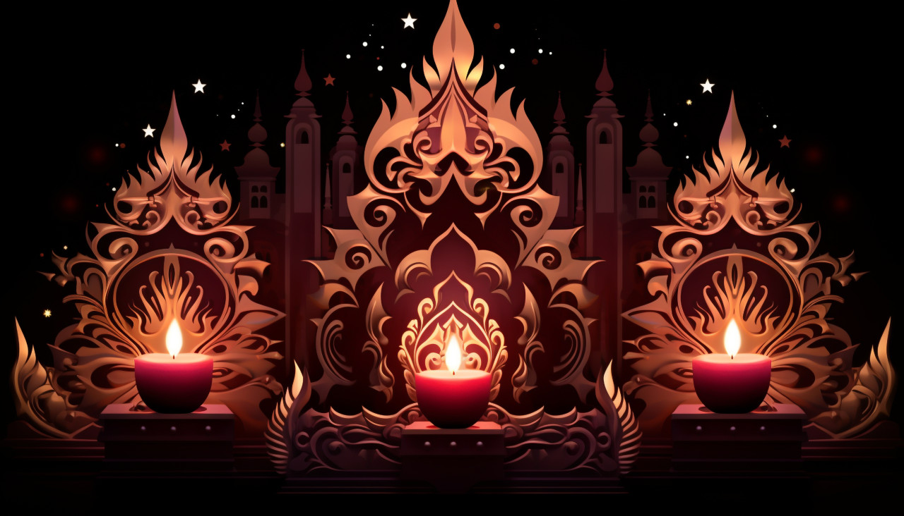 Bright diyas against dark background, diwali festival stock image, diwali festival ai prompt