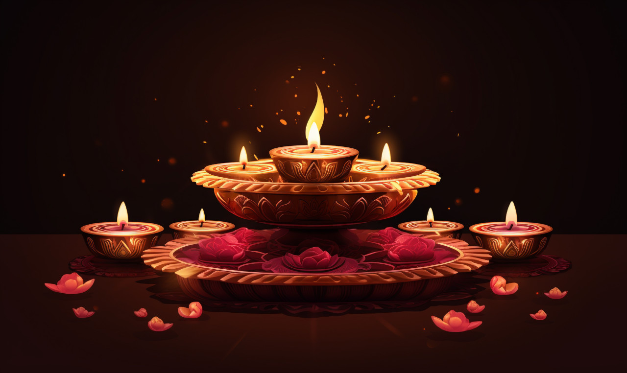 The beautiful lights of the pooja lit with diyas vector illustration, diwali festival stock image, diwali festival ai prompt
