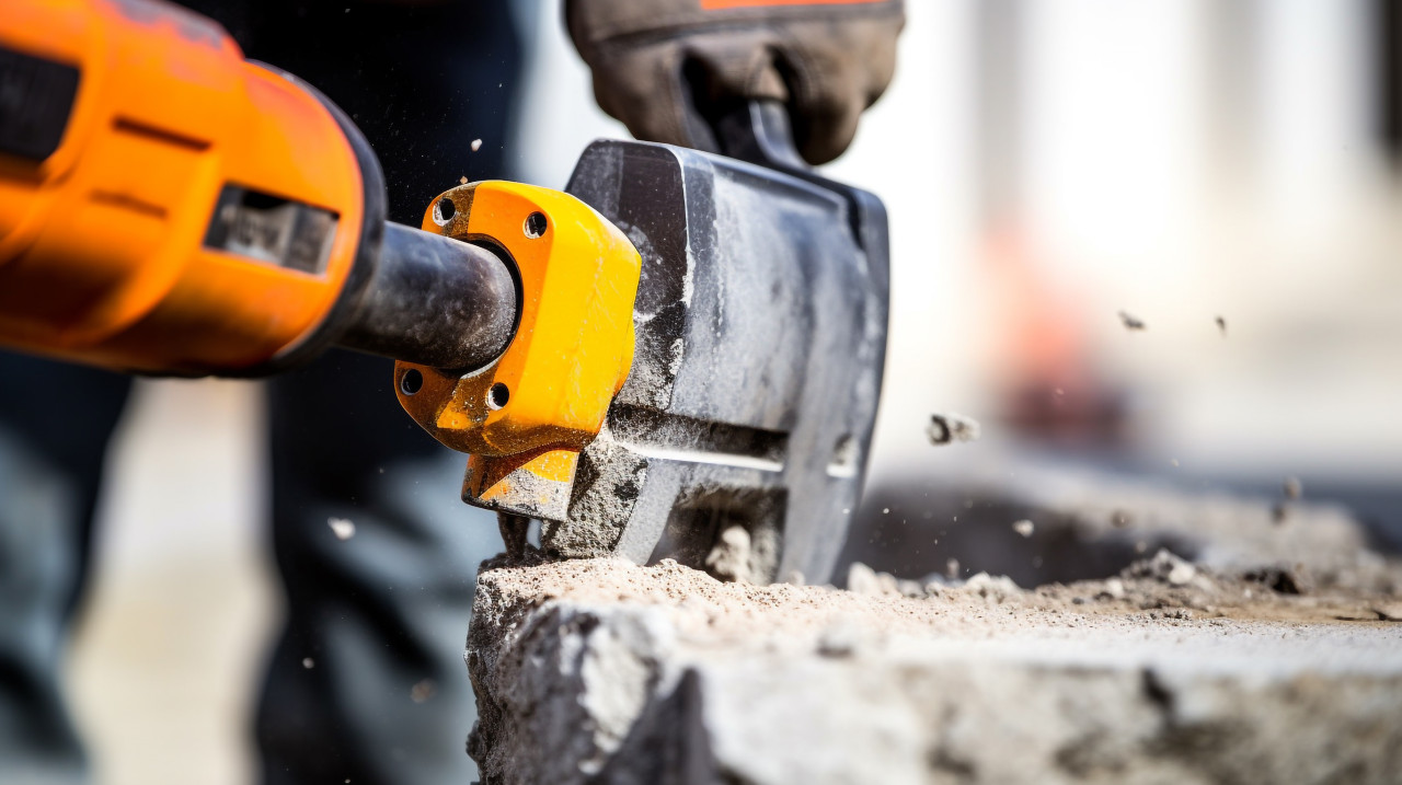 Jackhammer teeth bite into concrete, industrial machinery stock images ai, midjourney prompt ideas
