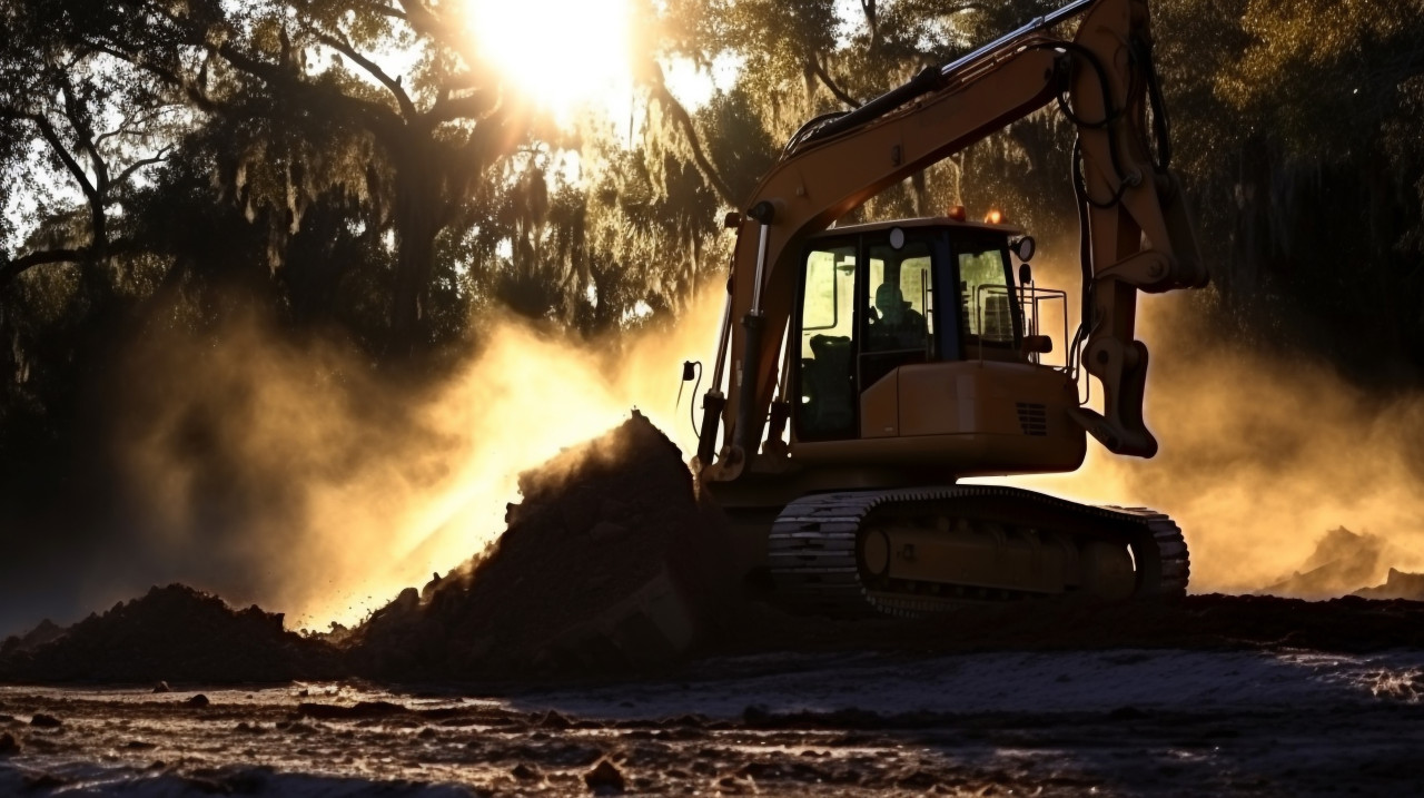 A wide shot of a bulldozer pushing a pile of dirt the bulldozer, industrial machinery stock images ai, midjourney prompt ideas
