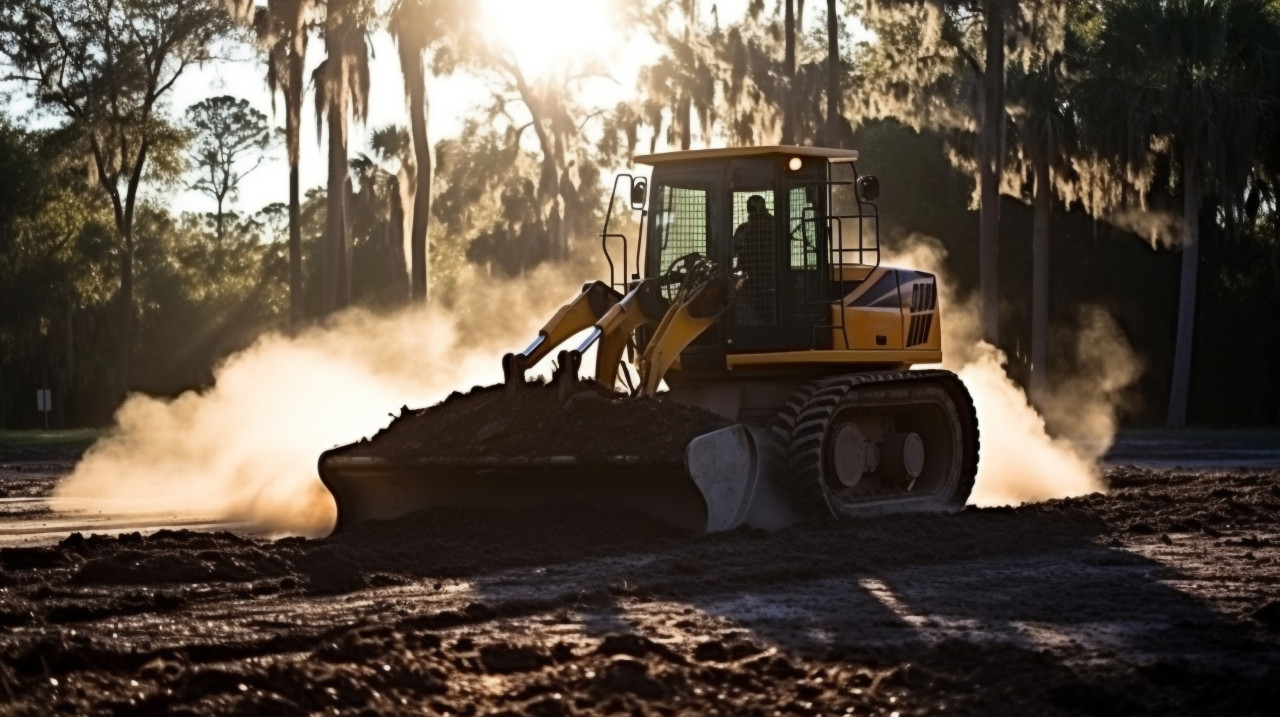 Bulldozer pushing a pile of dirt, industrial machinery stock images ai, midjourney prompt ideas