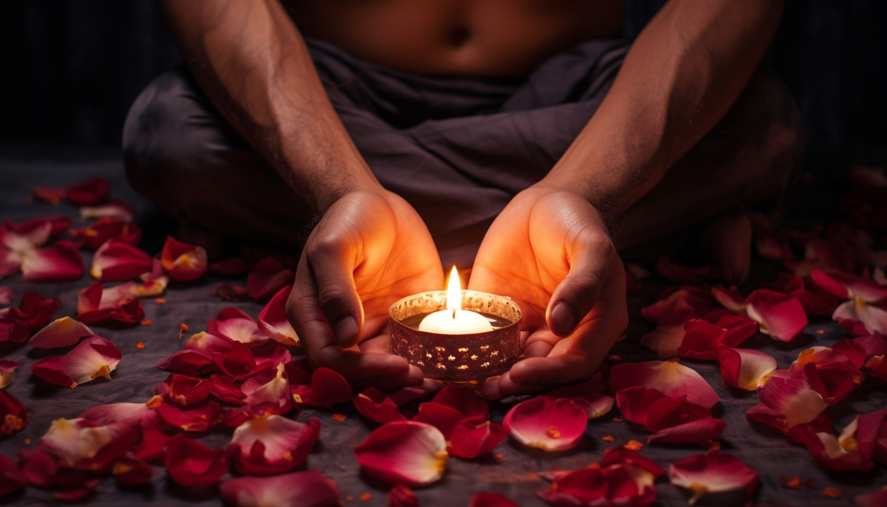 A hand holding a two lit candles while laying on top of petals, diwali festival stock image, diwali festival ai prompt