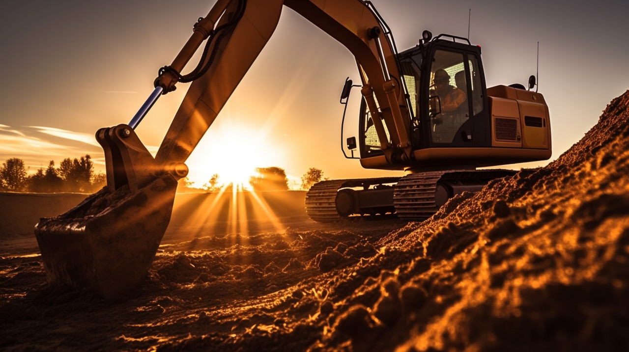 A low-angle shot of a excavator digging a trench the excavator is in the foreground, industrial machinery stock images ai, midjourney prompt ideas
