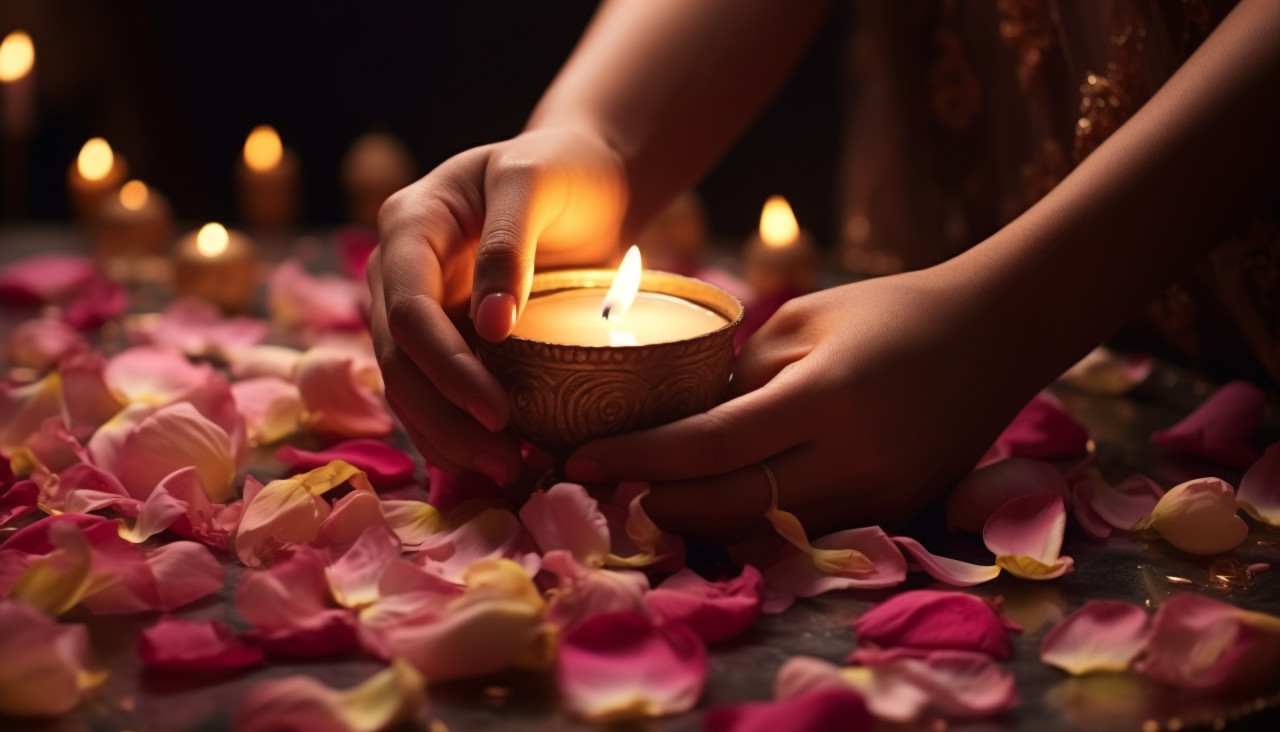 Hand placing a candle on petals, diwali festival stock image, diwali festival ai prompt