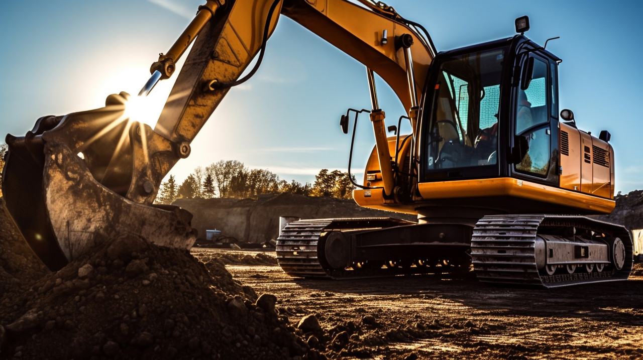 Excavator digging trench, industrial machinery stock images ai, midjourney prompt ideas