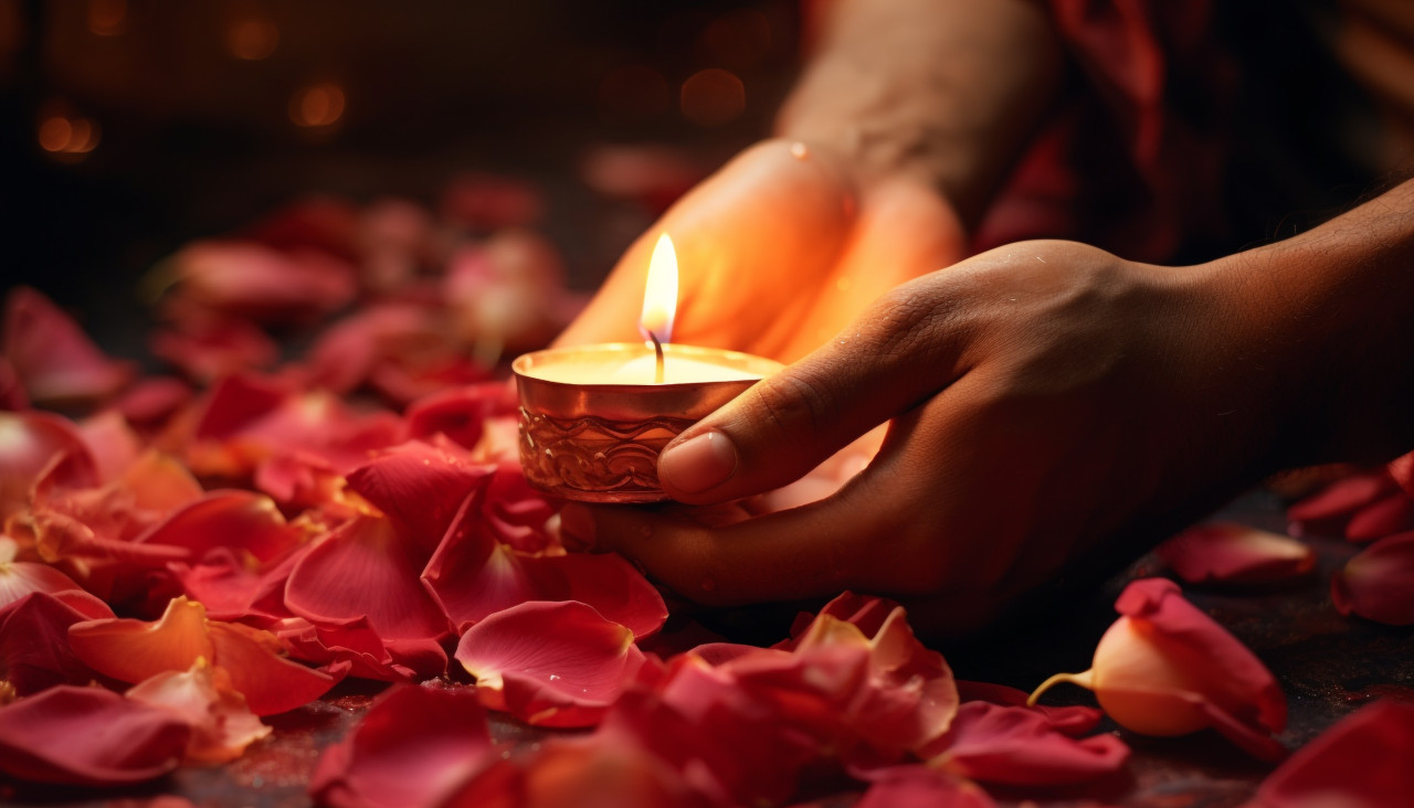 Love and light hand placing candle on petals, diwali festival stock image, diwali festival ai prompt