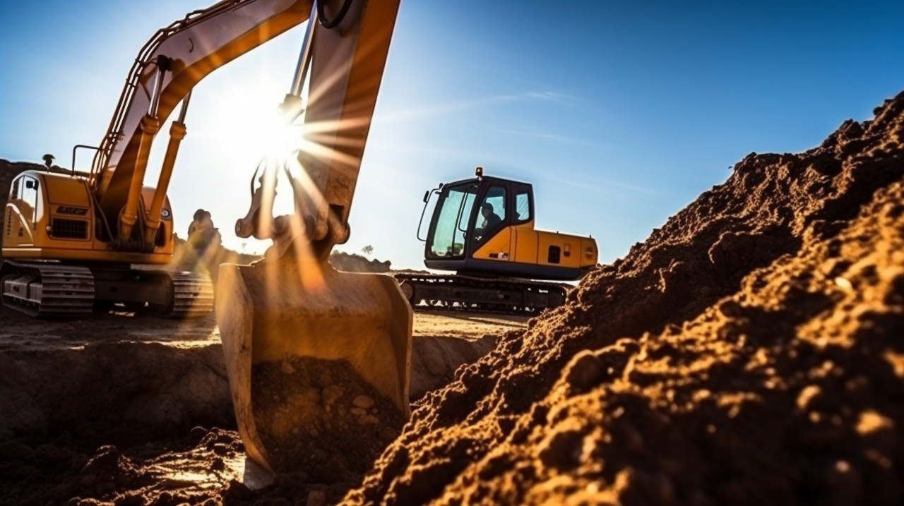 Excavator in the foreground digging trench, industrial machinery stock images ai, midjourney prompt ideas