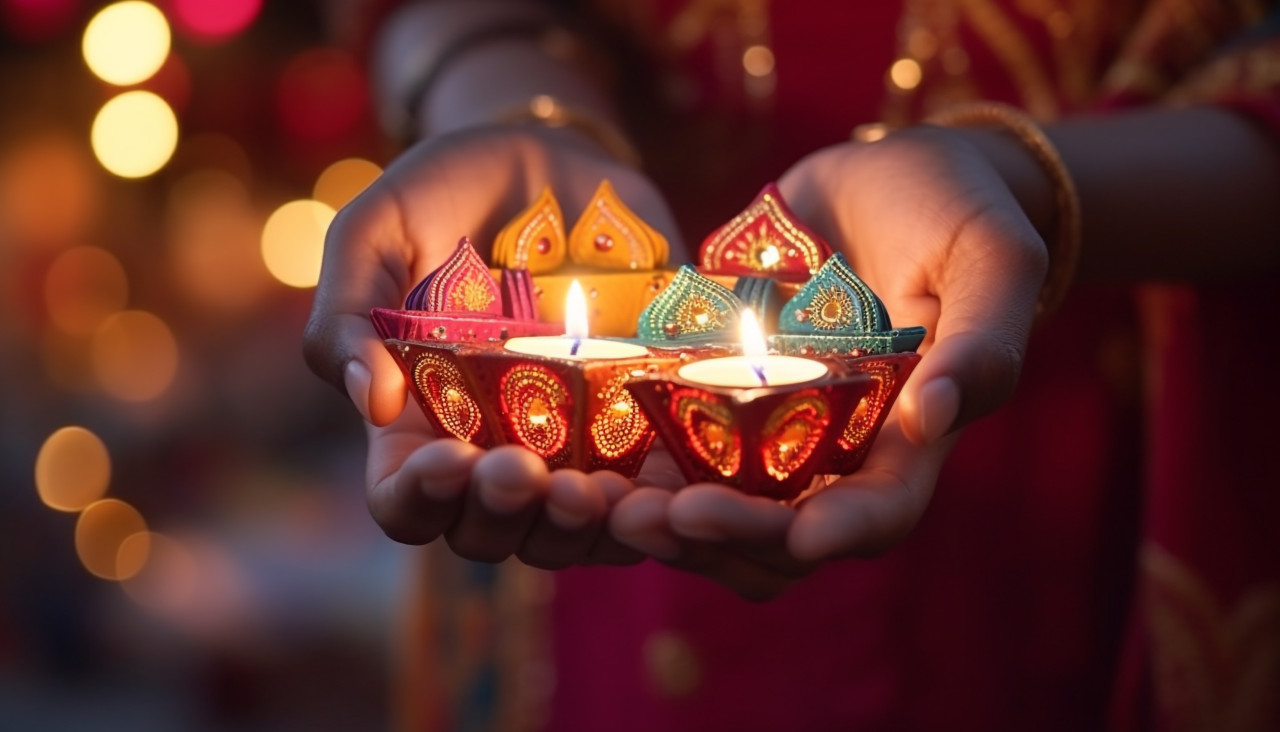Hand holding and arranging lantern diya during diwali festival of lights, diwali festival stock image, diwali festival ai prompt