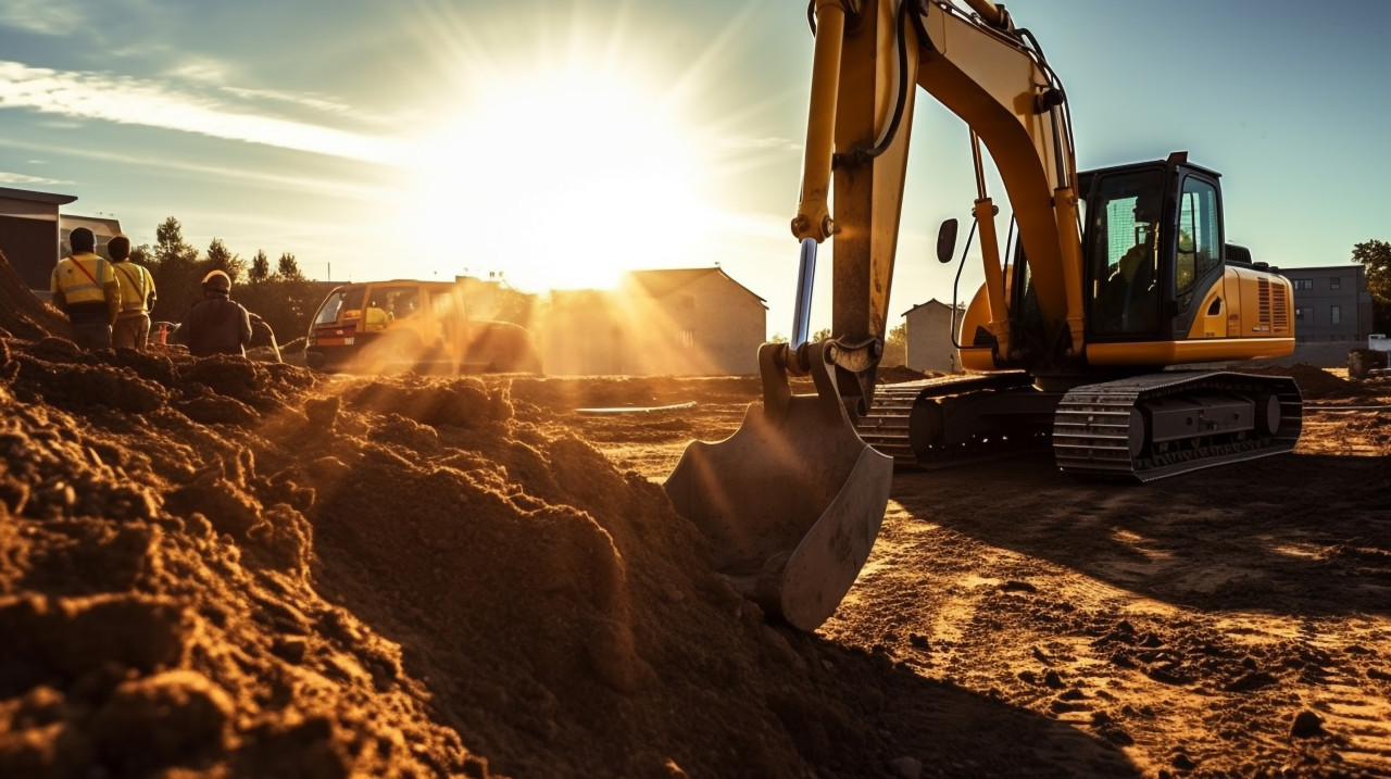 Low-angle shot of excavator digging trench, industrial machinery stock images ai, midjourney prompt ideas
