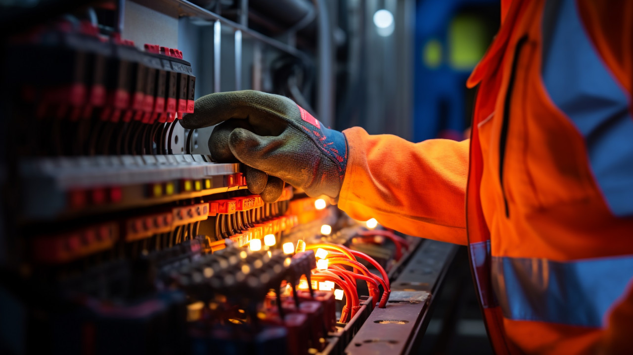 A close-up of a workers hands operating a control panel on a piece of heavy machinery, industrial machinery stock images ai, midjourney prompt ideas