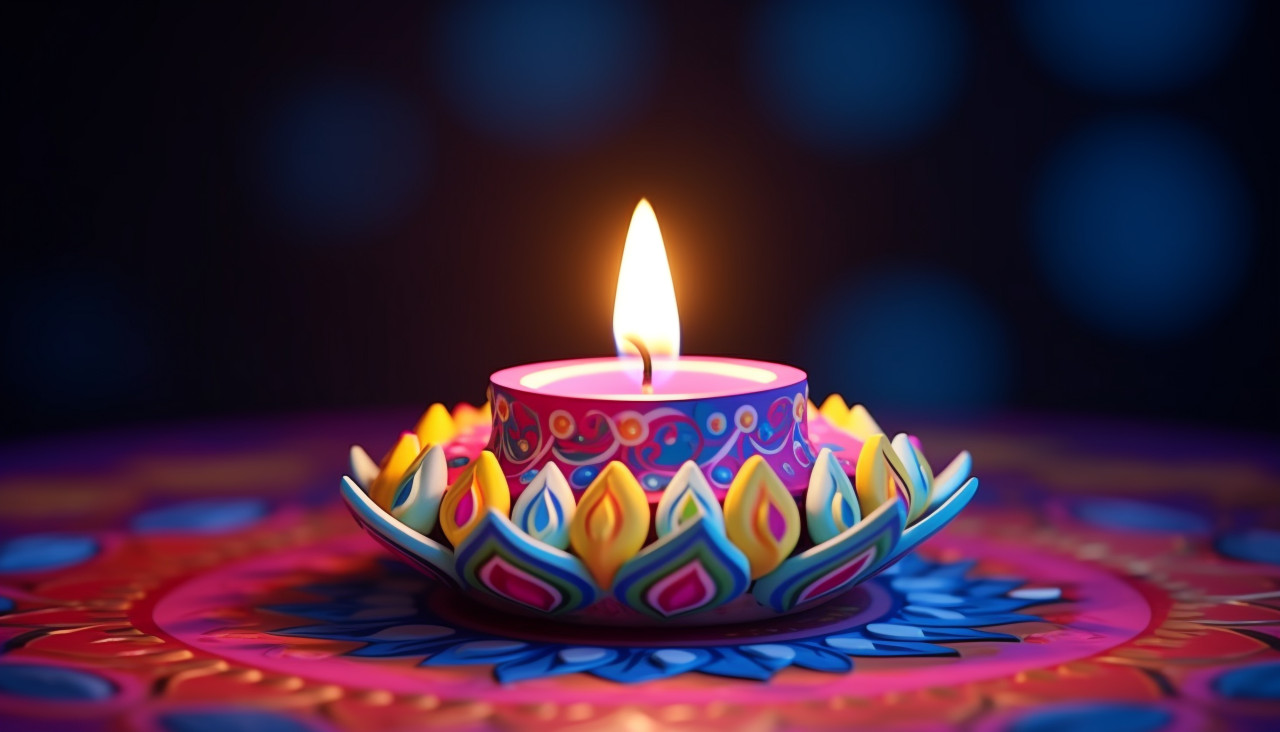 A beautiful diya lit up with yellow oil lamp in a patterned design, diwali festival stock image, diwali festival ai prompt