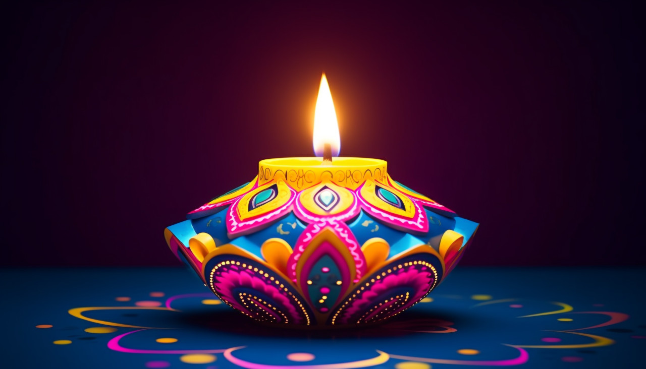 Yellow oil diya lamp with traditional pattern, diwali festival stock image, diwali festival ai prompt