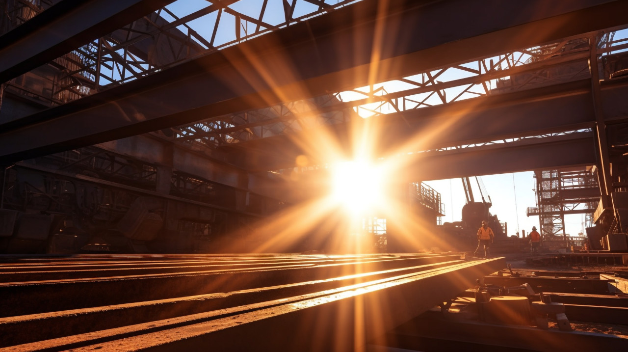 Crane lifts steel beams, industrial machinery stock images ai, midjourney prompt ideas