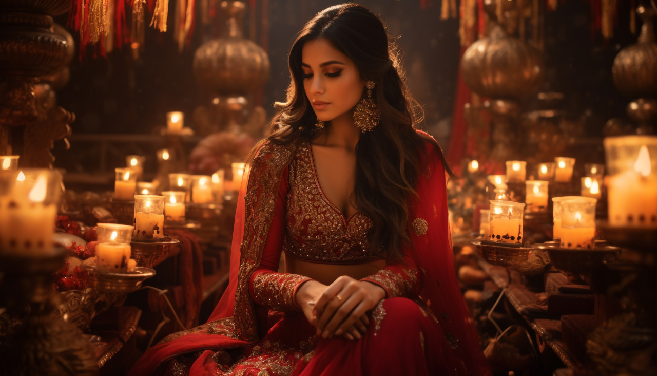 A lady sits down near lights to light lamps for a ceremony, diwali festival stock image, diwali festival ai prompt