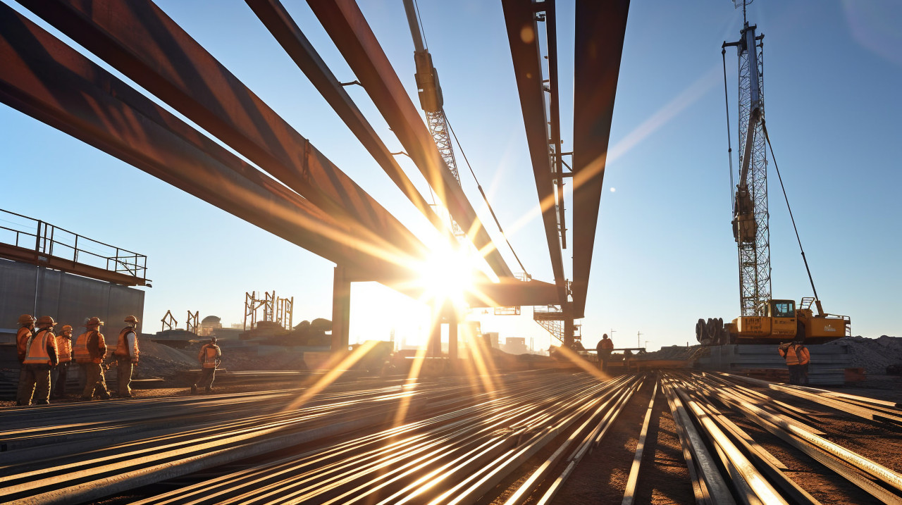 Crane in foreground lifting steel beams, industrial machinery stock images ai, midjourney prompt ideas