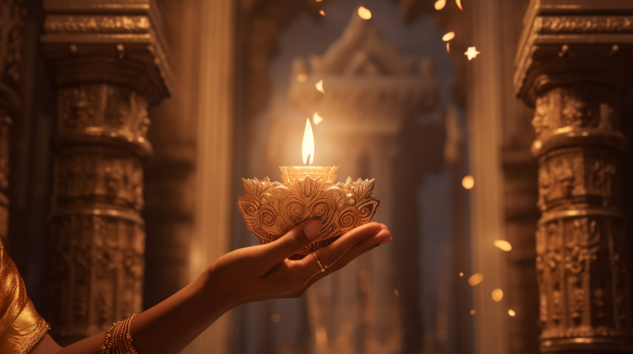 A person holds a lit finger palm with a candle, diwali festival stock image, diwali festival ai prompt