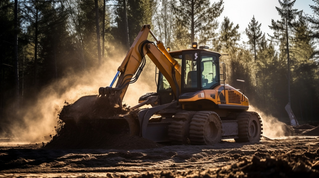 A wide shot of a bulldozer pushing a pile of dirt the bulldozer is in the foreground, industrial machinery stock images ai, midjourney prompt ideas