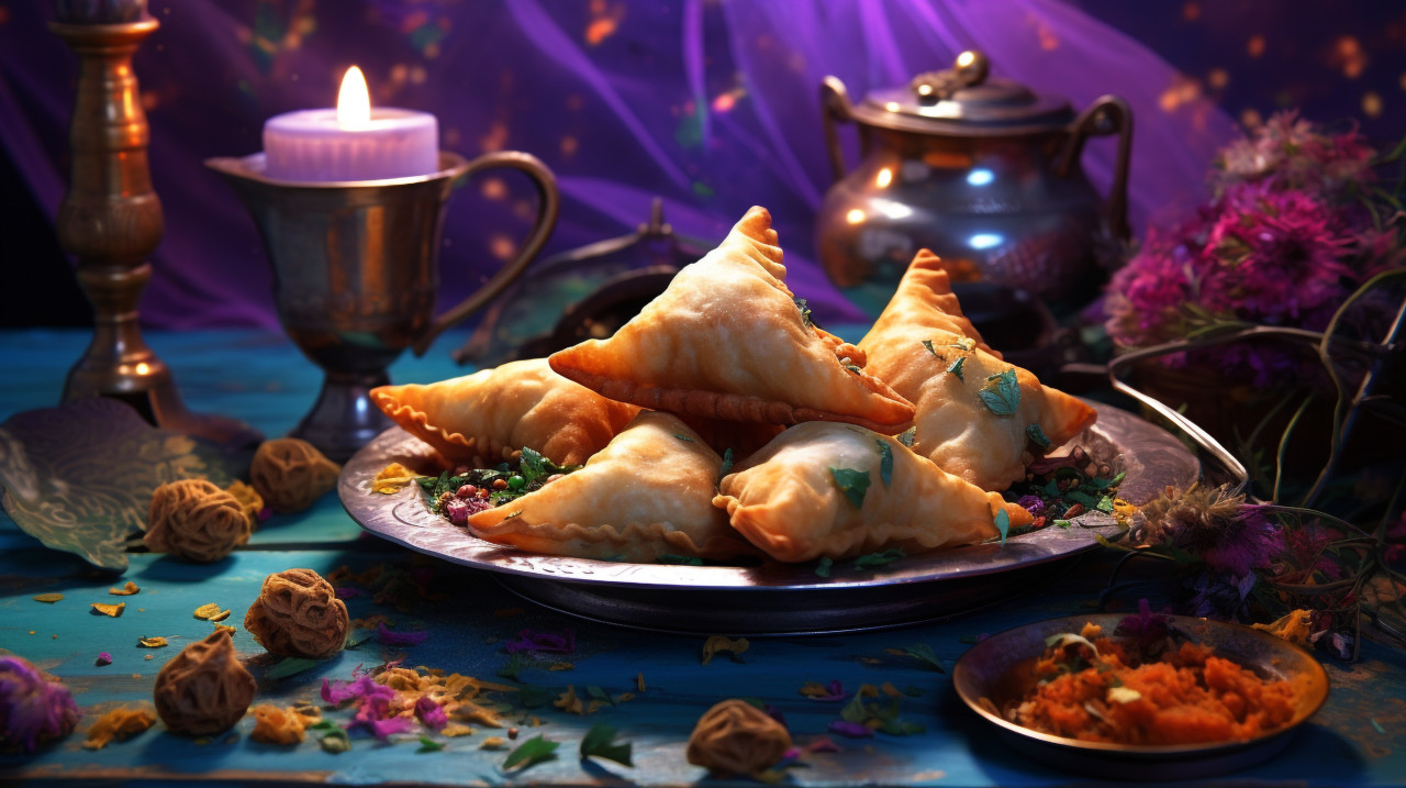 Samosa curry stuffed with methi, diwali festival stock image, diwali festival ai prompt
